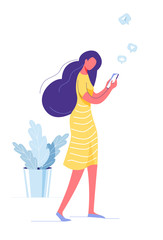 Girl walk with smartphone vector background illustration. Social media online concept