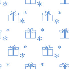 Seamless pattern with gift boxes and snowflakes.
