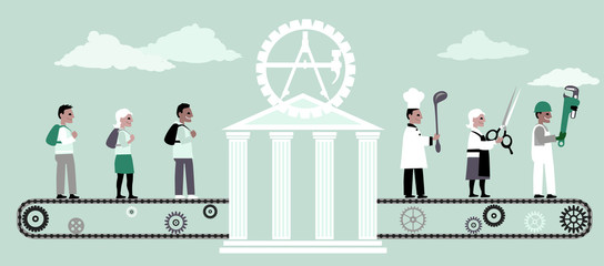 Vocational school turning young adults into trade professionals, EPS 8 vector illustration