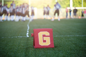 Image of field for American football with letter g on blurred background with playing team