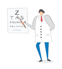 Ophthalmologist showing letters on eye chart, hand-drawn vector illustration.