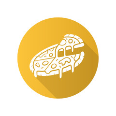 Sliced pizza flat design long shadow glyph icon. Pizzeria, pizza house, restaurant, cafe menu. Traditional italian food with cheese and tomato. Fast food delivery. Vector silhouette illustration
