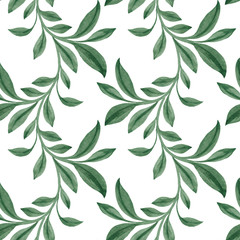 Seamless watercolor leaves. Leaves ornament. Hand painted watercolor illustration. Seamless botanical watercolor pattern. Seamless watercolor pattern. Elegant leaves art design. Green herbs.