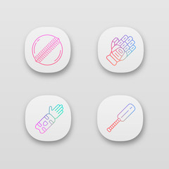 Cricket championship app icons set. Protective gear, game equipment. Outdoor sports activity. Team game. UI/UX user interface. Web or mobile applications. Vector isolated illustrations