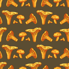 Hand drawn colorful chanterelle mushrooms. Chanterelle mushrooms background. Vector seamless pattern.