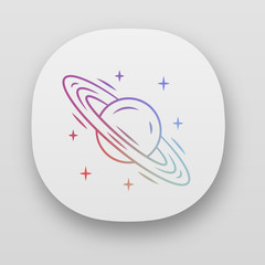 Saturn app icon. Planet with rings. Sixth planet from Sun. Planetary science. Space exploration. Celestial object. UI/UX user interface. Web or mobile applications. Vector isolated illustrations