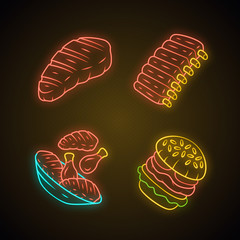 Meat dishes neon light icons set. Steak, beef ribs, chicken legs, burger. Fast food. Butcher shop product. Restaurant, grill bar, steakhouse menu. Glowing signs. Vector isolated illustrations