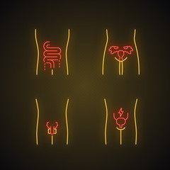 Ill human organs neon light icons set. Sore intestines and urinary bladder. Unhealthy women reproductive systems. Infertility. Sick internal body parts. Glowing signs. Vector isolated illustrations