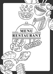 Restaurant menu cover template. Fish, pasta, chicken. Nutritious food. Isolated lettering typography idea with linear icons. Vector concept illustrations. Cafe poster, flyer, brochure page layout