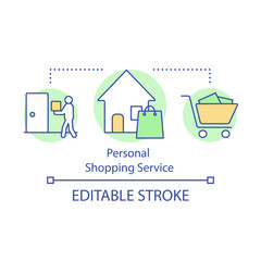Personal shopping service concept icon. Running errands for client. Purchase assistance. Door-to-door gifts delivery idea thin line illustration. Vector isolated outline drawing. Editable stroke