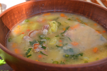 Homemade Split Pea Soup with carrots, macro image