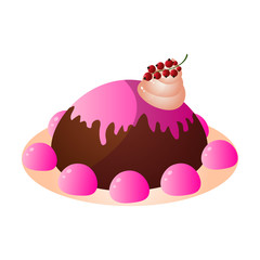 Chocolate creamy cake with pink jelly sweets and berry