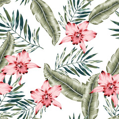 Tropical pink orchid flowers, green banana palm leaves, white background. Vector seamless pattern. Jungle foliage illustration. Exotic plants. Summer beach floral design. Paradise nature