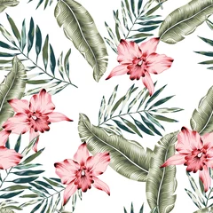 Wallpaper murals Orchidee Tropical pink orchid flowers, green banana palm leaves, white background. Vector seamless pattern. Jungle foliage illustration. Exotic plants. Summer beach floral design. Paradise nature