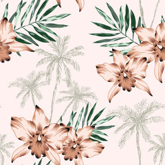 Tropical pink orchid flowers, green leaves, palm trees silhouettes background. Vector seamless pattern. Jungle foliage illustration. Exotic plants. Summer beach floral design. Paradise nature