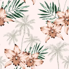 Wallpaper murals Orchidee Tropical pink orchid flowers, green leaves, palm trees silhouettes background. Vector seamless pattern. Jungle foliage illustration. Exotic plants. Summer beach floral design. Paradise nature