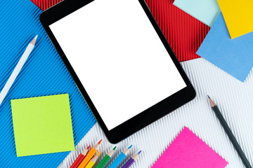 tablet, e-book, notes and pencils lies on Czech flag. Mock up, copy space, pattern, cardboard...