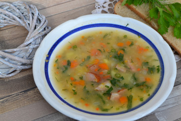 Pea soup in a bowl. Vegetarian healthy soup.