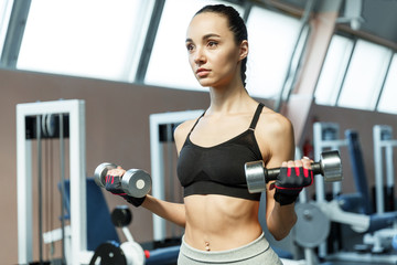 Fototapeta premium Young sporty woman exersises biceps with dumbells in a gym