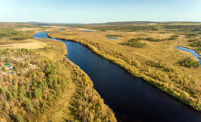 Rivers, fields and forests of the Murmansk region. Russia. Aerial