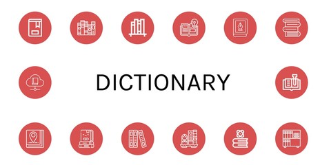 Set of dictionary icons such as Book, Books, Book shelf, Bookshelf , dictionary