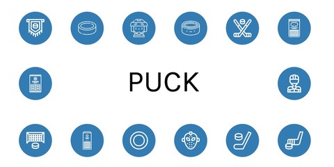 Set of puck icons such as Puck, Hockey player, Hockey stick, Sticks, Hockey goal, mask, , puck