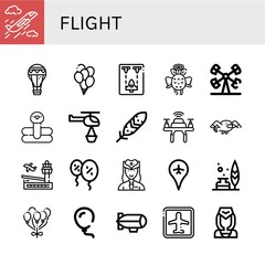 Set of flight icons such as Plane, Air balloon, Balloons, Spaceship, Angel, Booster, Flamingo, Helicopter, Feather, Drone, Seagull, Airport, Hostess, Balloon, Zeppelin , flight