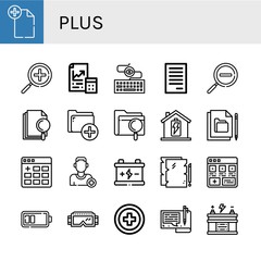 Set of plus icons such as File, Zoom in, Maths, Keylogger, Zoom out, Add, Battery, Add friend, Google, Red cross , plus