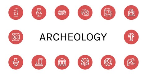 Set of archeology icons such as Moai, Amphora, Stonehenge, Mammoth, Greek vase, Parthenon, Fossil, Cave painting , archeology