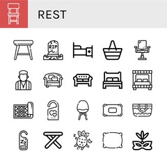 Set of rest icons such as Chair, Stool, Grave, Bed, Beach bag, Pastor, Sofa, Carpet, Do not disturb, Pillow, Sleeping, Eye mask , rest