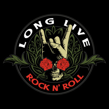 Hard rock, heavy metal, sign of the horns, rock sign hand with the skull, roses and ornaments, rock vector logo.