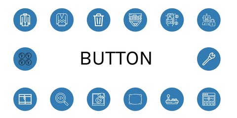 Set of button icons such as Shirt, Long sleeve, Bin, Film, Mobile, Lock, Shorts, Search, Video, Pillow, Joystick, Location, Yen, Wrench , button