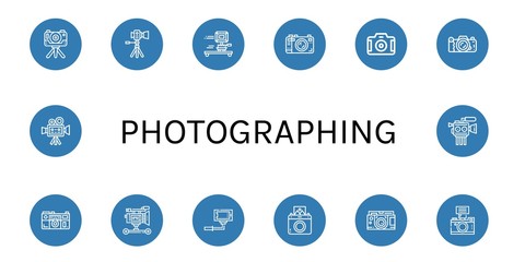 Set of photographing icons such as Camera, Film camera, Selfie, Instant camera, Cinema , photographing