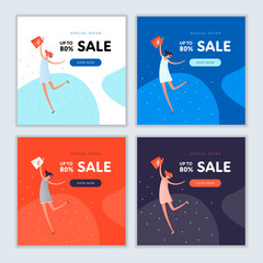 Vector flat school sale voucher template set. Happy girl with discount shopping bag on colorful background. Design advertisment banner for autumn sale, university, courses, college, supplies, poster.