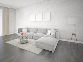 Mock up stylish lounge with original corner sofa and gray hipster backdrop.