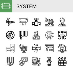 Set of system icons such as Data, Pipe, Air conditioner, Valve, Observatory, Officer, Mars, Water hose, Human organs, Server, Refrigerator, Solar energy, Broken pipe , system