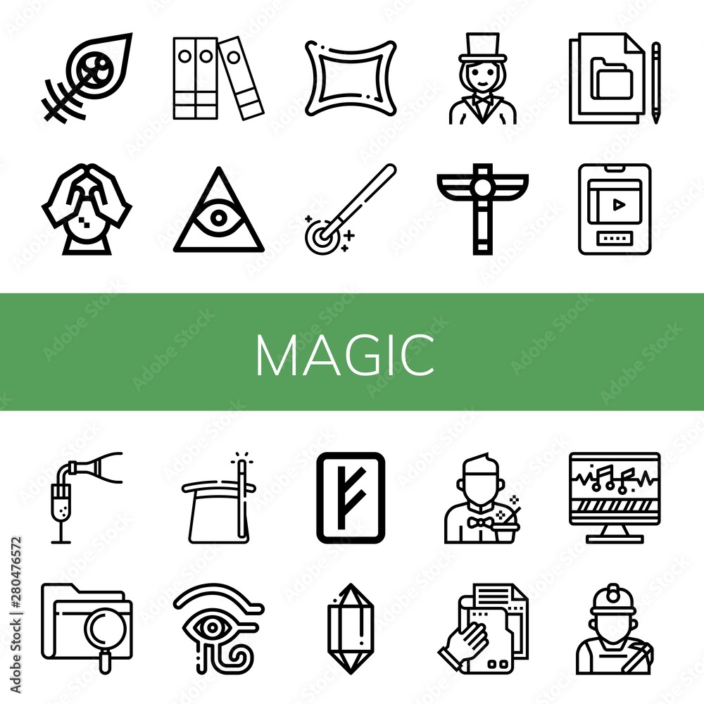 Wall mural set of magic icons such as dreamcatcher, crystal ball, files, freemasonry, rune, magic wand, magicia