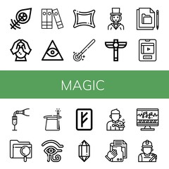 Set of magic icons such as Dreamcatcher, Crystal ball, Files, Freemasonry, Rune, Magic wand, Magician, Scepter, File, Entertainment, Champagne, Eye of ra, Crystal, Sound editing , magic