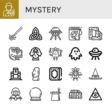 Set of mystery icons such as Magician, Magic wand, Paganism, Ufo, Spell book, Stonehenge, Anonymous, Crystal ball, Confused, Haunted house, Moai, Fortunetelling, Surprised , mystery
