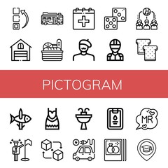 Set of pictogram icons such as Menu, Garage, Bus, Bread, Date, Painter, Dice, Racer, Network, Toast, Fishing, Goals, Dress, Packet, Sink, Electric vehicle, Clipboard , pictogram