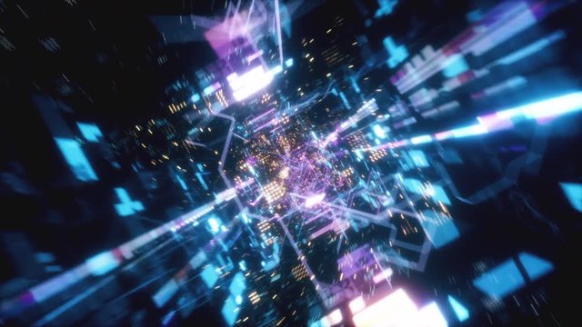 Flying in the chaotic technological futuristic space tunnel. Animation for music videos, nightclubs, audiovisual shows and performance, LED screens and projection cards. Seamless loop 3d render