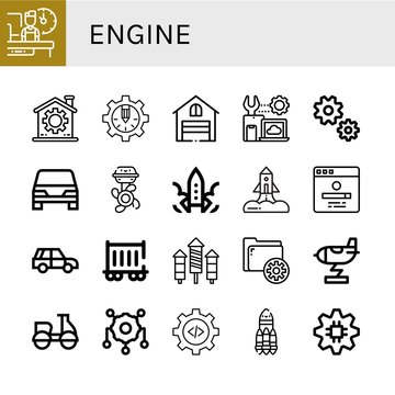 Set of engine icons such as Shift, Gear, Garage, Settings, Car, Boat engine, Rocket, Search engine, Suv, Railway carriage, Motorcycle ,
