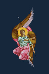 An angel sitting and showing something. Illustration, frescoes in Byzantine style