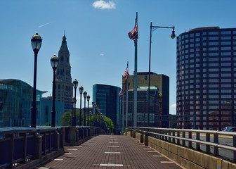 Hartford Connecticut skyline and pedestrian walkway on the Founders Bridge