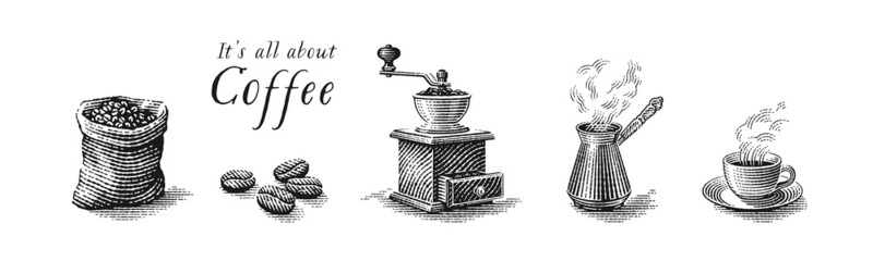 Turkish cezve pot, cup of hot drink, coffee beans, grinder and coffee sack bag. Hand drawn engraving style illustrations.