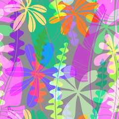Vector seamless pattern with bright drawn tropical leaves various shape and color. Mainmalistic flat botanical wallpaper, modern floral repeatable backdrop.