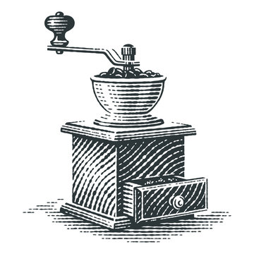 Coffee grinder. Hand drawn engraving style illustrations.