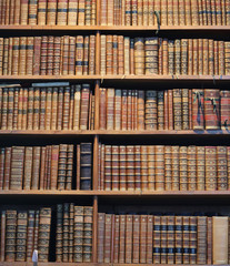 old books on wooden shelf