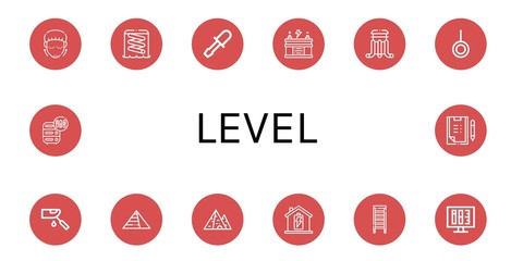 Set of level icons such as Lifting, Slider, Chisel, Battery, Neutral, Glucosemeter, Pyramids, Pyramid, Ladder, Ink level, Adjustment, Scoring , level