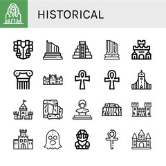 Set of historical icons such as Great sphinx of giza, Armour, Column, Mayan pyramid, Fortress, Palace, Ankh, Hallgrimskirkja, Castle, Stonehenge, Statue, Fortification , historical
